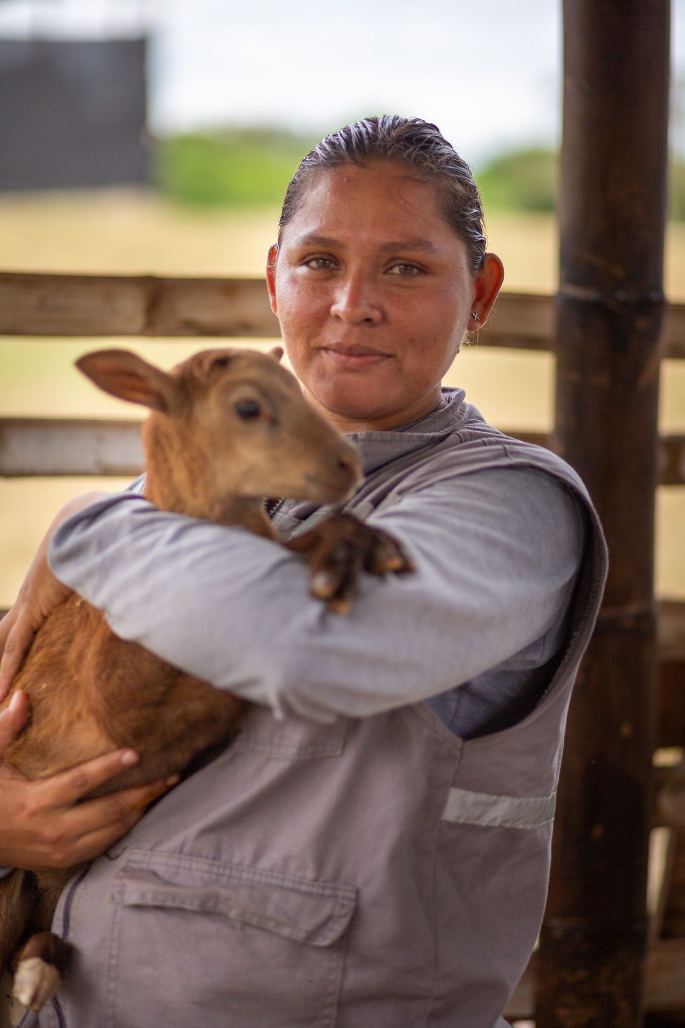 Mujer sosteniendo un cordero en un proyecto agrovoltaico